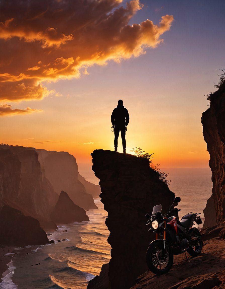 A dramatic scene of a person standing confidently at the edge of a cliff, with a sunset backdrop illuminating their silhouette. Surrounding them are symbols of taboo experiences, such as a motorcycle, a cocktail, and an open book. The atmosphere should evoke a sense of freedom and adventure, with vibrant colors capturing the thrill of breaking norms. surrealistic style. bold colors. expansive sky.