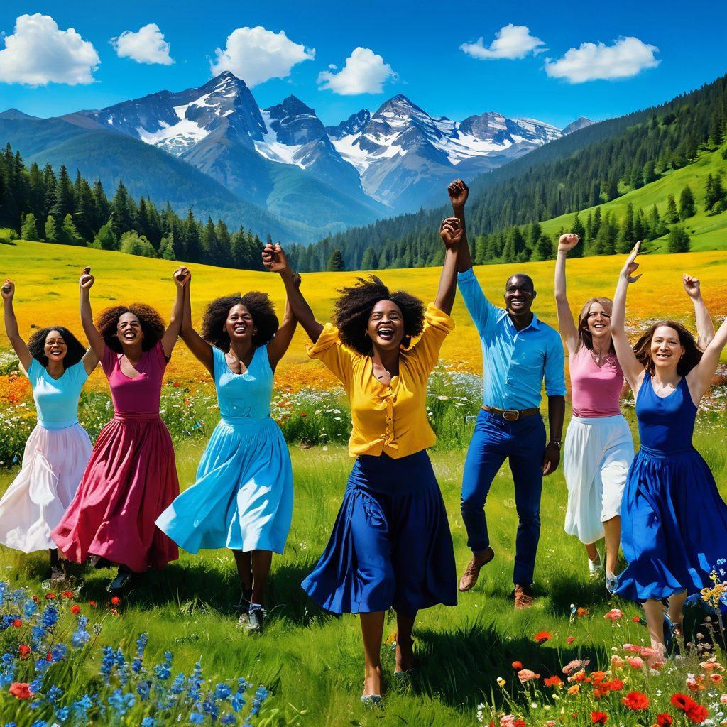 A vivid scene of a diverse group of people joyfully dancing in a lush, colorful meadow, with a backdrop of mountains under a bright blue sky. They are lifting their arms in celebration, surrounded by ribbons symbolizing freedom and rebellion, and flowers blooming around them. The atmosphere is vibrant, filled with an air of liberation and happiness, depicting the essence of embracing one's true self despite societal constraints. vibrant colors. super-realistic. dynamic composition.