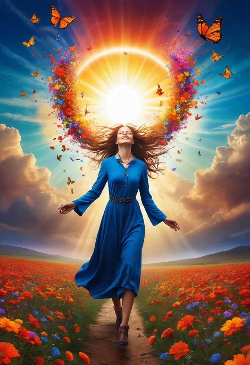 A stunning visual depicting a person breaking free from chains in a vibrant, colorful landscape, symbolizing the transition from constraints to freedom. Surround them with elements of nature bursting with life: blooming flowers, sun rays breaking through clouds, and butterflies soaring in the air. The expression of joy and liberation on their face should be central to the image. surreal art. vibrant colors. soft focus.